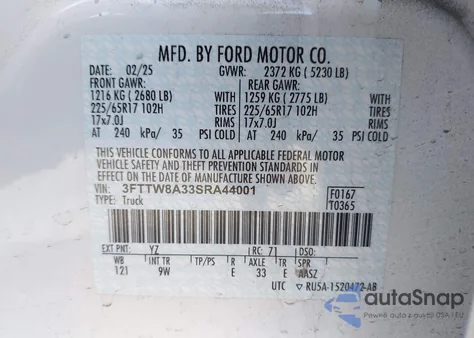 2025 Ford Maverick Xl z USA, uszkodzony, nr VIN 3FTTW8A33SRA44001